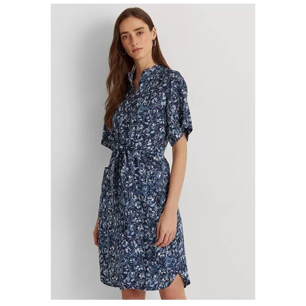 Lauren Ralph Lauren Floral Linen Shirt Dress 12 Blue Belted Knee‎ Length Classic
